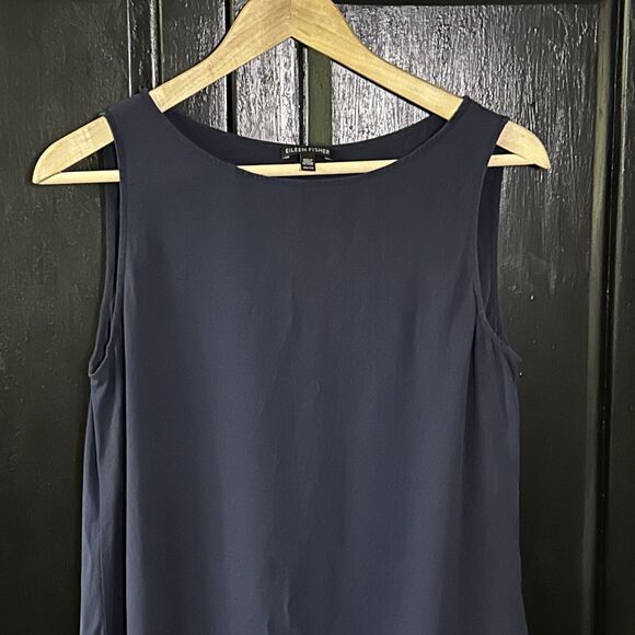 Eileen Fisher Silk Tunic Top Size XS Navy Blue Sleeveless Long Tank System - Picture 2 of 7